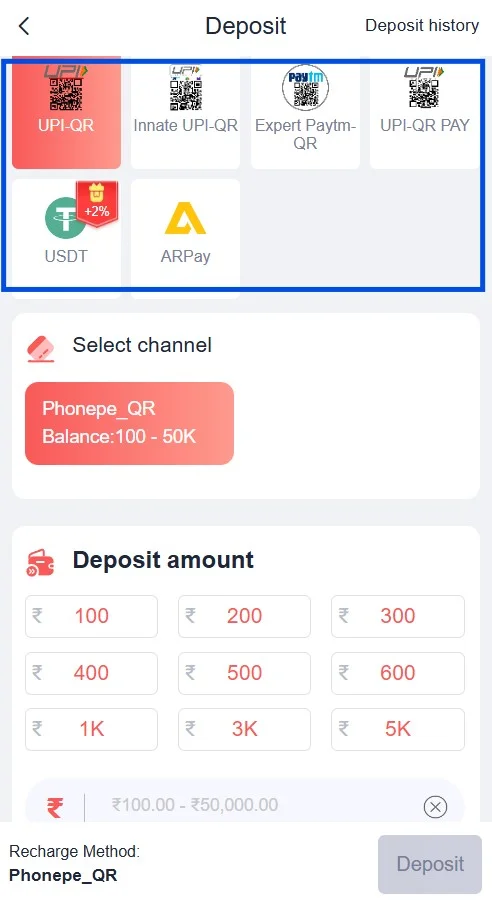 select the deposit payment method